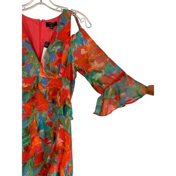 Tahari 2P Cold Shoulder Chiffon Floral Dress Ruffle High Low RDD10669 NWT - Picture 11 of 11